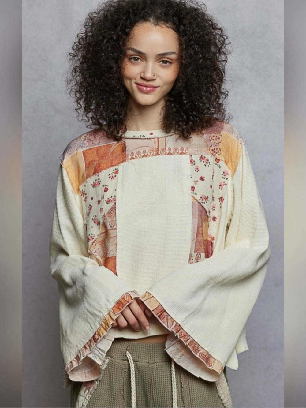 POL Boho Patchwork Bell Sleeve Top